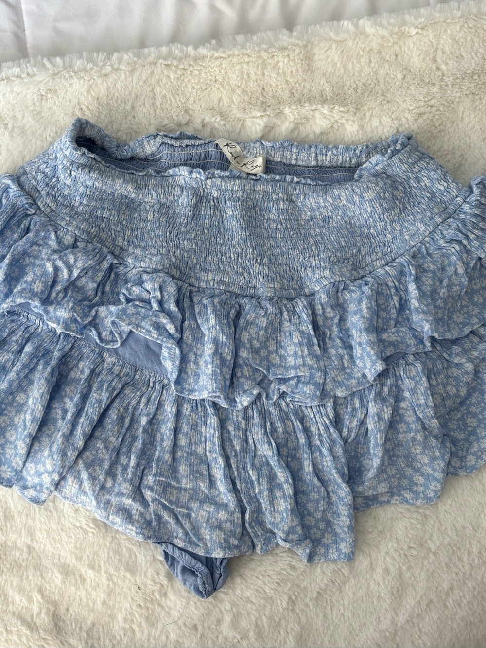 Smocked Ruffle Mini Skirt in Light Blue